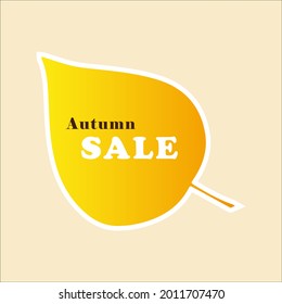 Hojas de abedul de otoño pegatina de venta con gradiente amarillo-naranja y texto .Elemento natural de otoño para plantillas de descuento.Ilustración vectorial.Sobre fondo rosa claro.Para su negocio.