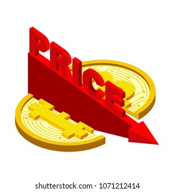 Fall of bitcoin. Red arrow down. Reduction of price of crypto currency. CRISIS Cryptocurrency