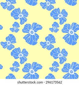 Fall Blue Violets on Yellow Background. Vector Seamless Pattern with Flowers.