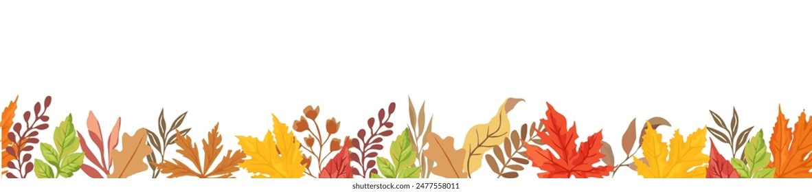 Fall border, frame with Autumn decorative leaves. Orange, brown and red foliage drawing in flat style. Fall season backdrop with forest leafage. Vector illustration Isolated on white background.