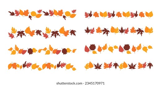 Fall border lines from autumn botanical leaves. Set of autumn leaves pattern line, herbal elements. Fall orange leaves. Can be used as decorations for Back to School, Halloween or Thanksgiving. 