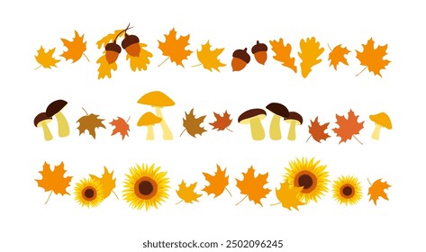 Herbstgrenzlinien von Herbstblättern und Pilzen. Satz von Herbstblättern Muster Linie, pflanzliche Elemente. Herbst orangefarbene Blätter, Eicheln und Sonnenblumen. Zurück zur Schuldekoration, Halloween, Thanksgiving. 