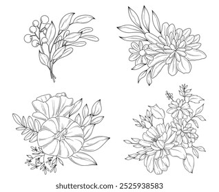 outono botânico linha de flor desenho vetor ilustração conjunto, buquês de flores de outono desenhado à mão