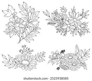 Fall botanical flower line drawing vector illustration set, hand drawn autumn flower bouquets