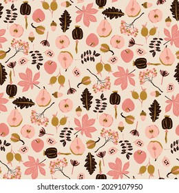 Fall Botanical vector repeat pattern in peach pink and golden khaki