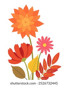 outono buquê folhas outono e flores. Bela composição floral da folhagem outonal. Abstrato alaranjado flores de outono - dahlia, marigold, crisântemo, cosmos. Gráficos de queda simples desenhados à mão.