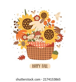 Fall bouquet Sunflowers autumn bouquet in basket. Fall flowers composition isolated on white. Autumn floral vector illustration.