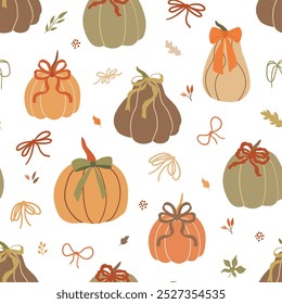 Fall bow, ribbons and pumpkin seamless pattern. Autumn floral leaves vector cottagecore print. Cute October harvest textile. Halloween or Thanksgiving day illustration. Organic vegetable wallpaper.