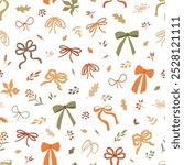 Fall bows ribbons, pumpkin, leaves, berries floral seamless pattern. Autumn cute cottagecore print, wallpaper, textile design, repeat background. Hand drawn October vector illustration.