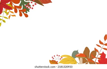 Fall bright foliage corner frame with berries. Holiday invitation card template. Isolated on white background. Rustic autumn illustration for holiday cards.