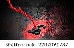 The fall of the British pound sterling. Vector economic poster. A red arrow and a broken 3d pound sign against a background a dark pixelated fragmented banknote