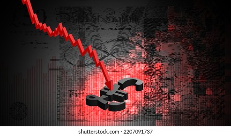 The fall of the British pound sterling. Vector economic poster. A red arrow and a broken 3d pound sign against a background a dark pixelated fragmented banknote