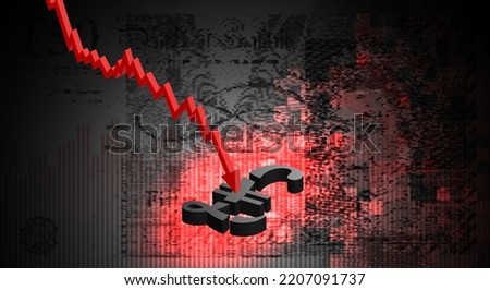 The fall of the British pound sterling. Vector economic poster. A red arrow and a broken 3d pound sign against a background a dark pixelated fragmented banknote