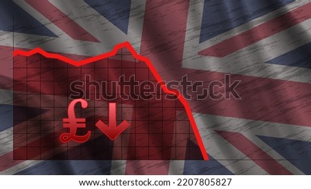 The fall of the British pound sterling. Vector economic poster. A red graph against the background of a wavy spotted UK flag