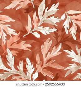 Fall Brown Beige Silver Brown Earth Oak Eucalyptus Leaf Foliage Watercolor Abstract Scandinavian Design Seamless Pattern Wallpaper Curtain Bedding Background Upholstery Gift Wrapping Paper Vector