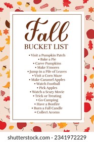 Fall bucket list. Funny autumn things to do checklist. Seasonal activity planner page.  Autumn wish list. Easy to edit vector template.