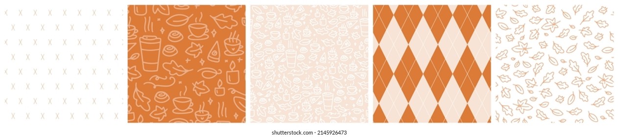 Fall cafe seamless pattern set with paper cup, reusable coffee tumbler, hot drink, cinnamon roll, pumpkin pie, autumn leaves on terracotta orange background, cozy argyle design for cafeteria decor.