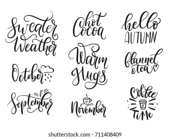 Fall calligraphy set. Big set of autumn quotes isolated on white background. Sweater weather, hot cocoa, warm hugs, flannel and tea, coffee time, hello autumn, october. Vector illustration