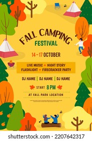 Fall Camping Festival Cartel de diseño vectorial. Rama de camping de otoño	