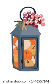 Fall candle lantern clipart with pumpkins. Pumpkin autumn decoration clip art. Orange, grayish blue, pink and red.  Berry branch attached to a lantern with a yellow tie.