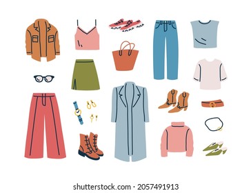 Fall capsule wardrobe collection. Fashion casual women clothes and accessories set. Modern apparel, coat, pants, shirt, boots, shoes and skirt. Flat vector illustration isolated on white background.