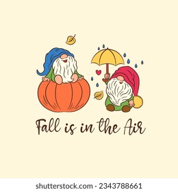 Herbstkartendesign mit Zwergen. Cute skandinavischen Gnome Tomte zauberhafte Charaktere skandinavisch und lustig. Kalligrafische Grußtext fallen Zitat. Herbst-Thanksgiving-Design für Karte, Druck, Einladung etc.