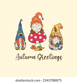 Herbstkartendesign mit Zwergen. Cute skandinavischen Gnome Tomte zauberhafte Charaktere skandinavisch und lustig. Kalligrafische Grußtext fallen Zitat. Herbstgrüße Thanksgiving-Design für Karte, Druck, etc.