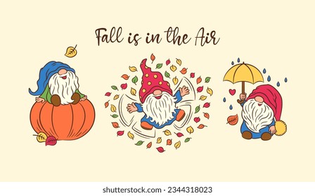 Fall card design with gnomes. Cute scandinavian gnome Tomte adorable characters whimsical and funny. Calligraphic greeting text fall quote. Fall Thanksgiving design for card, print, invitation etc.