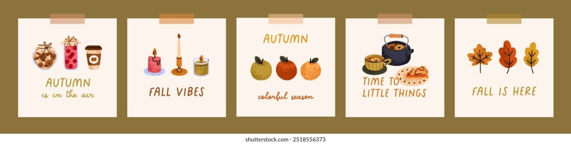 Fall card designs, sticky notes with cozy autumn decorations. Attached papers, tea, autumnal leaf, candles. Hygge inspiration, cute phrases. Stickers set with seasonal mood. Flat vector illustrations