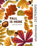 Fall card. Vertical background, natural botanical design. Seasonal foliage and tree leaves frame. Autumnal forest leaf, acorn, chestnut, postcard template. Flat graphic vector illustration
