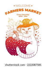 Fall cat with pumpkin. Autumn fruit harvest festival. Vegetable farmer market flyer. Cute thanksgiving  vector. Autumn food elements. Organic harvest festival poster. Orange illustration art