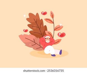 fall celebration concept. celebrate and enjoy or love autumn. illustration of a man happily sitting relaxing on dry leaves. leaves or nature. people and seasons. flat style design. elements