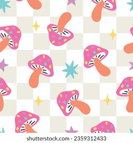 Fall checkered pattern. Mushroom seamless pattern. Groovy seamless file. Retro seamless paper. Fall seamless pattern.