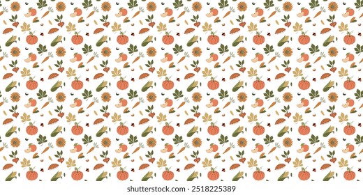 Fall checkered pattern. Pumpkin digital paper seamless file. Halloween background with Apple, Thanksgiving Day Pie, Carrot, Fallen Leaves. Vector Illustration for Print, Textile, Wallpaper. Design Art