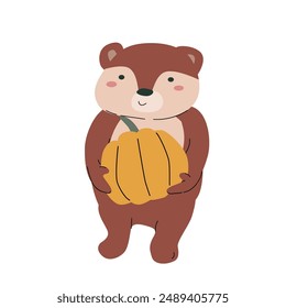 Fall childrens animal beer isolated clipart. Forest wild pet with harvest clipart element. Hand drawn icon.
