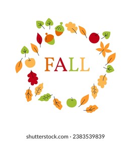 Fall in a circular frame of leaves, apples and acorns. Illustration isolated on a white background. Vector