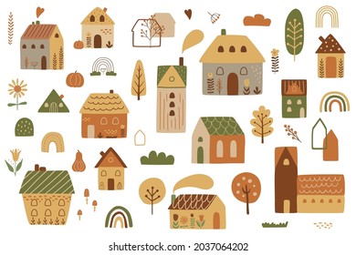 Fall city. Autumn city. Cute autumn house kit. Cottage houses isilated graphic elements. Childish houses. Cartoon village in fall season. Vector illustration. City landscape set rainbow tree, pumpkin.