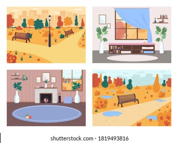 Fall in city flat color vector illustration set. Living room with fireplace. Public park with rain and puddles. Urban living 2D cartoon interior and landscape with autumn background collection