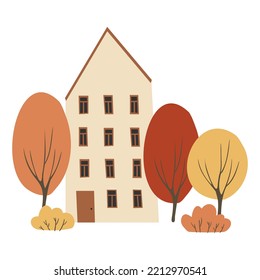 Fall city illustration, Cute houses in Scandinavian style vector clipart, Cozy town street with tiny buildings and colorful trees png, Cityscape scenes clip art in flat cartoon style.