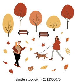Fall city illustration, People walk in autumn park vector clipart, Cozy city street with houses in Scandinavian style and colorful trees png, Vector cityscape scenes, clip art in flat cartoon style.