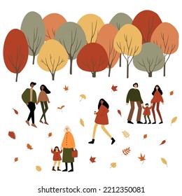 Fall city illustration, People walk in autumn park vector clipart, Cozy city street with houses in Scandinavian style and colorful trees png, Vector cityscape scenes, clip art in flat cartoon style.