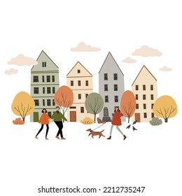 Fall city illustration, People walk in autumn park vector clipart, Cozy city street with houses in Scandinavian style and colorful trees png, Vector cityscape scenes, clip art in flat cartoon style.