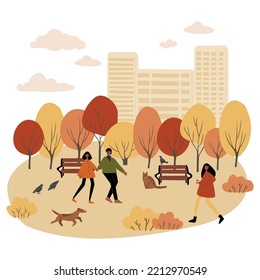 Fall City Illustration, People Walk In Autumn Park Vector Clipart, Cozy City Street With Houses In Scandinavian Style And Colorful Trees Png, Vector Cityscape Scenes, Clip Art In Flat Cartoon Style.