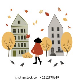 Fall city illustration, People walk in autumn park vector clipart, Cozy city street with houses in Scandinavian style and colorful trees png, Vector cityscape scenes, clip art in flat cartoon style.