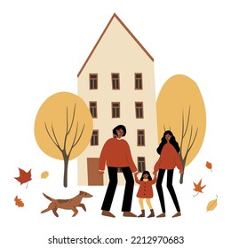Fall city illustration, People walk in autumn park vector clipart, Cozy city street with houses in Scandinavian style and colorful trees png, Vector cityscape scenes, clip art in flat cartoon style.