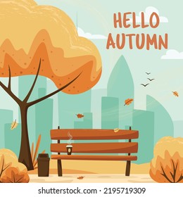 Fall city park with foliage and city silhouette. Hello Autumn. Bench in city park, autumn holidays concept in flat cartoon style. City park landscape banner. Urban outdoor. Vector illustration