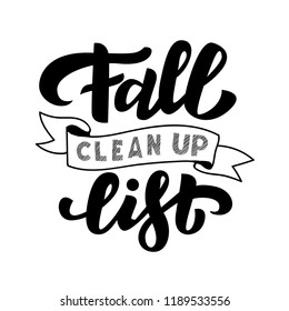 Fall Clean Up List Vector Illustration, Hand Drawn Lettering Chalkboard For Print, Decor, Textile,banner,card.