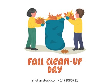 Fall Clean-up Day. Children cleaning up autumn leaves. Boy and girl with bag full of autumn leaves with lettering on white background . Vector illustration. 