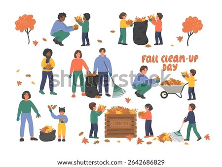 Fall Clean-up Day set. People cleaning up autumn leaves. Men, women, boys and girls with bags full of autumn leaves. Fall leaves compost.