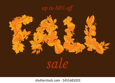 Fall clearance sale web banner vector template. Autumn season shopping special offer advertising poster. September, october discounts for customers. Orange oak and maple leaves stylized typography